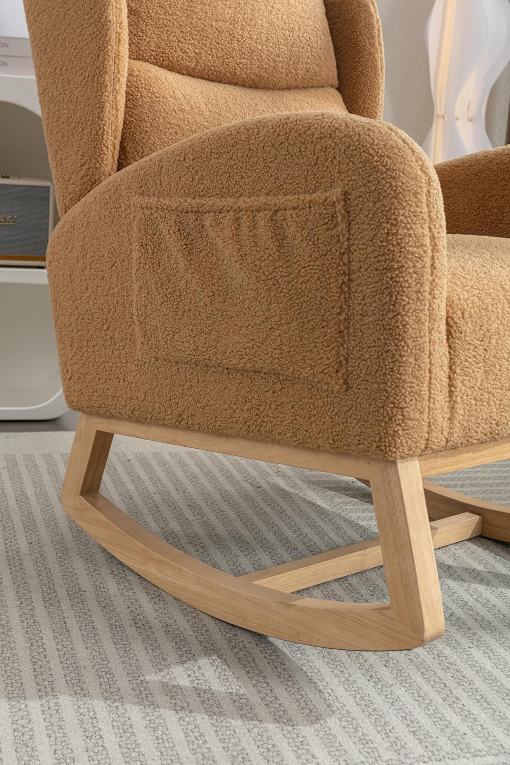 Nursery Glider Chair - Wingback Teddy Upholstered Rocking Chair with High Backrest, Ergonomic Rocker Chair for Breastfeeding & Baby Room, Modern Accent Armchair for Living Room & Bedroom, Khaki