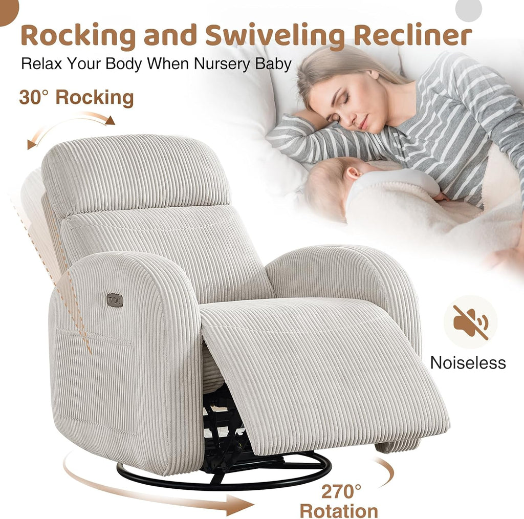 Power Swivel Rocker Recliner Nursery Glider Recliner, Swivel Glider Recliner with USB & Type-C Port, Reclining Nursery Rocker with Double Pockets for Living Room, Camel, Corduroy
