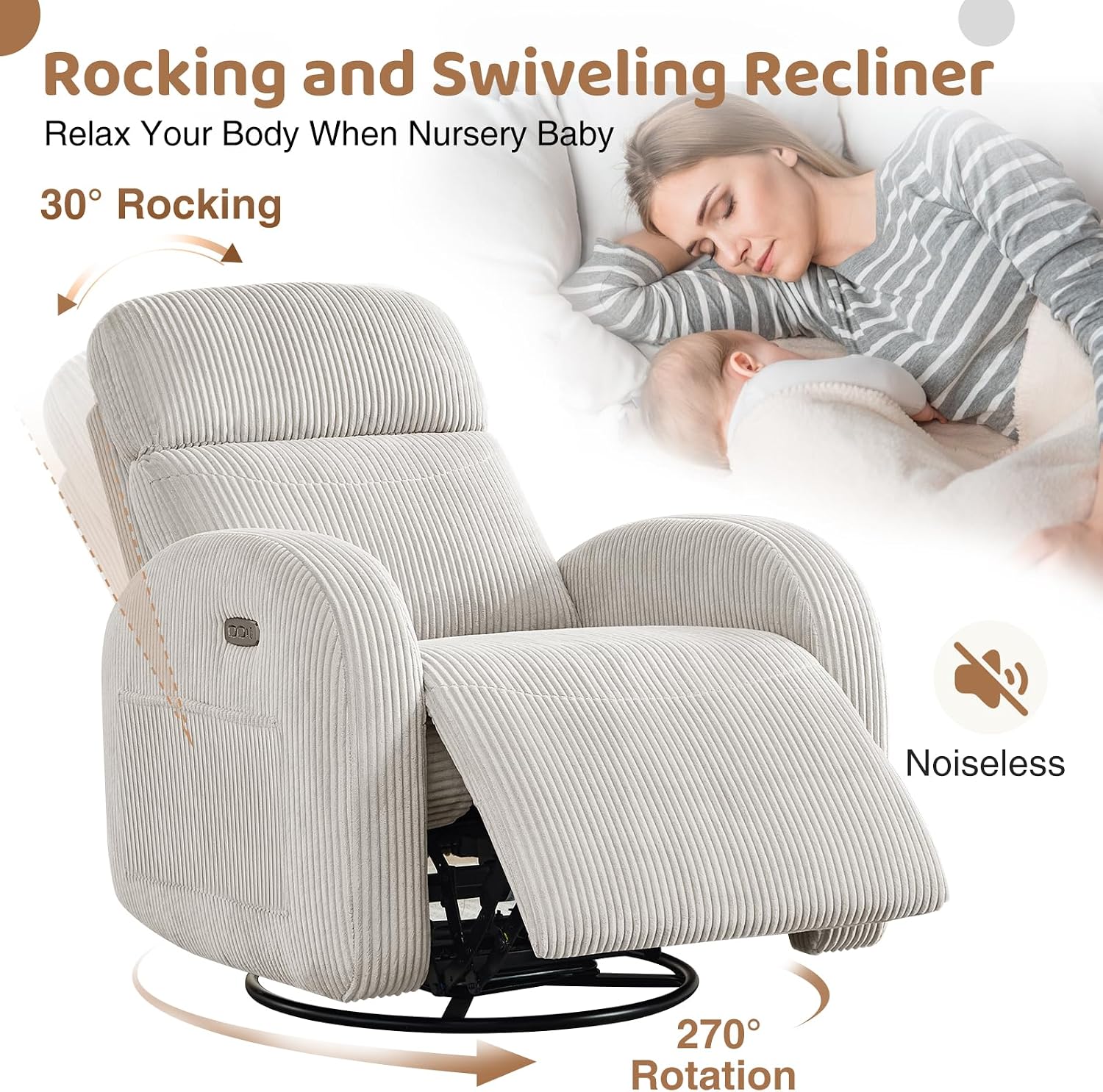 Power Swivel Rocker Recliner Nursery Glider Recliner, Swivel Glider Recliner with USB & Type-C Port, Reclining Nursery Rocker with Double Pockets for Living Room, Camel, Corduroy