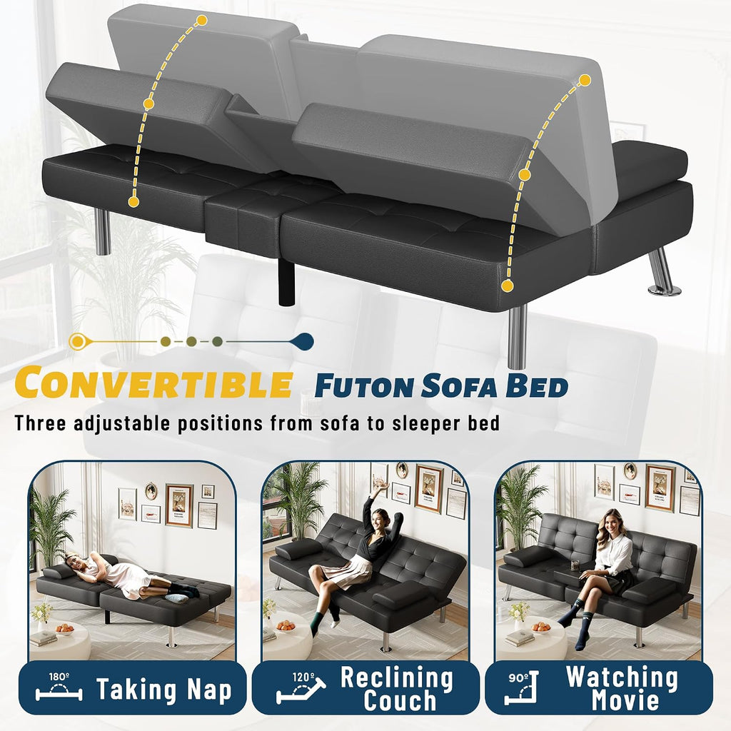 Furmax Futon Sofa Bed Adjustable Futon Couch Sleeper Sofa Bed for Living Room, Business Office, Recliner Sofas with Cup Holders (PU Leather, Black)