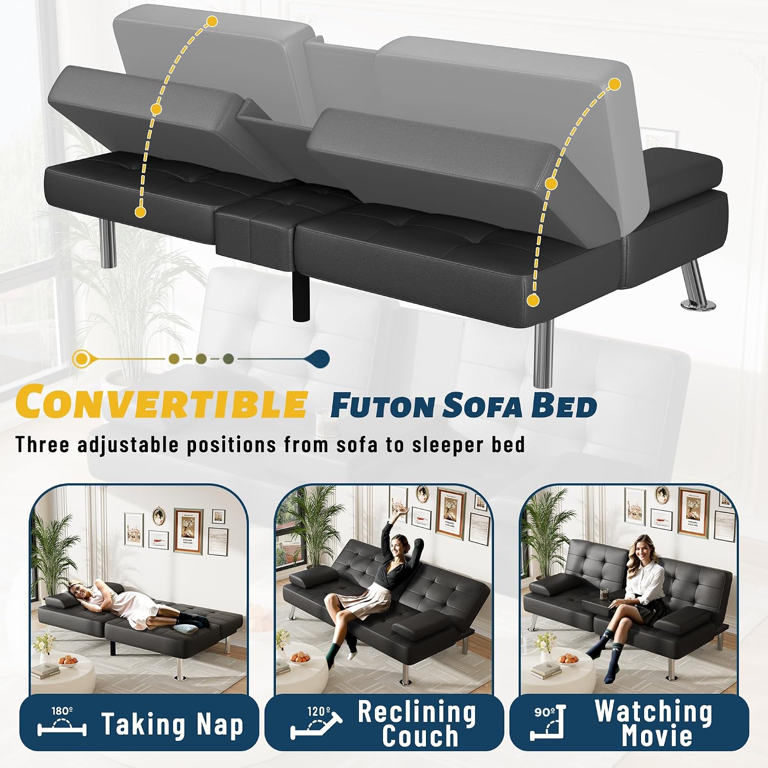 Furmax Futon Sofa Bed Adjustable Futon Couch Sleeper Sofa Bed for Living Room, Business Office, Recliner Sofas with Cup Holders (PU Leather, Black)