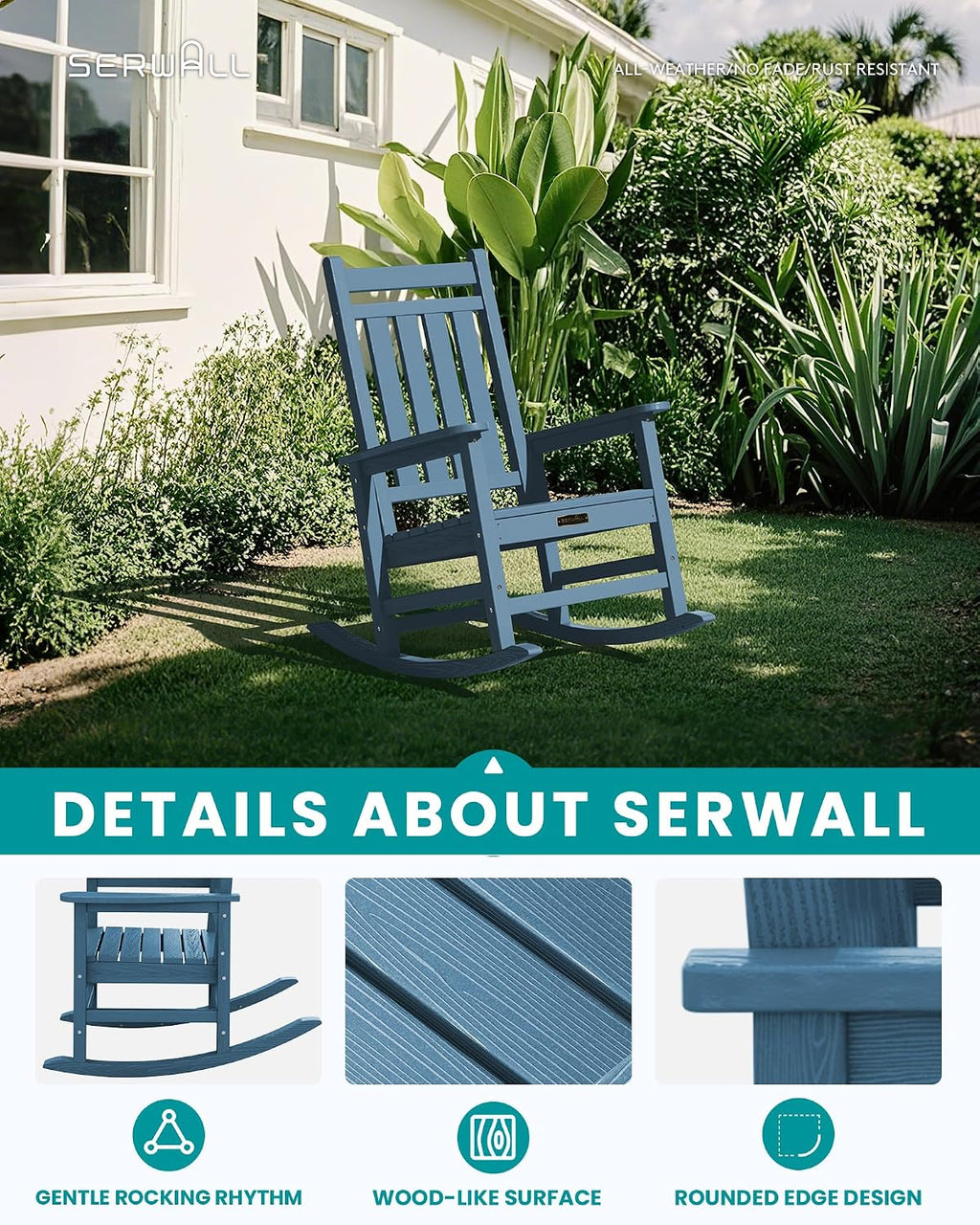 SERWALL SEWALL Oversized Outdoor Rocking Chair with Cushion, Patio Rocking Chairs for Porch, Blue HDPR Rocker+Flower Cushion