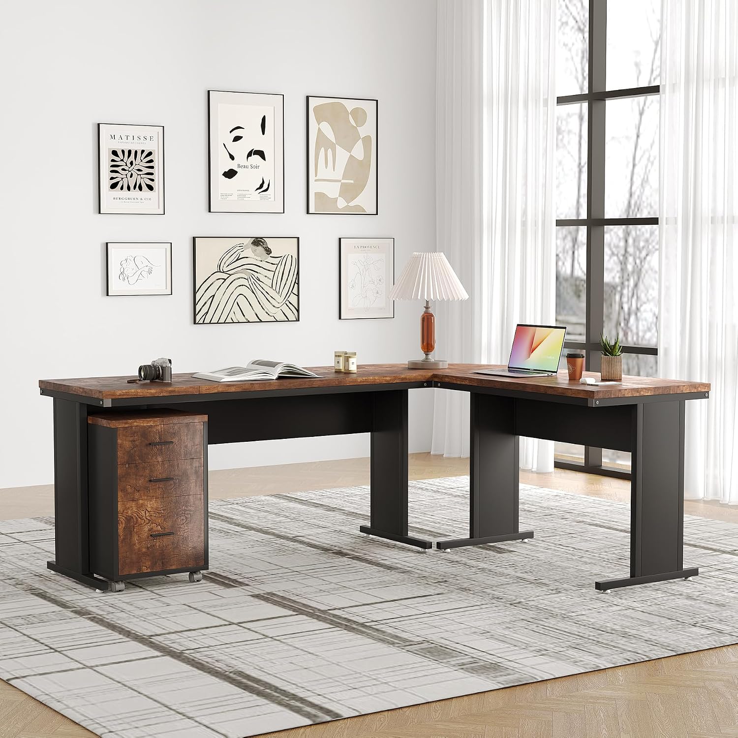 Tribesigns 83' L-Shaped Executive Desk, Large Office Desk with Drawers, Industrial Corner Computer Table with Rolling File Cabinet, Business Workstation for Home Office (Brown, 83 Inches)