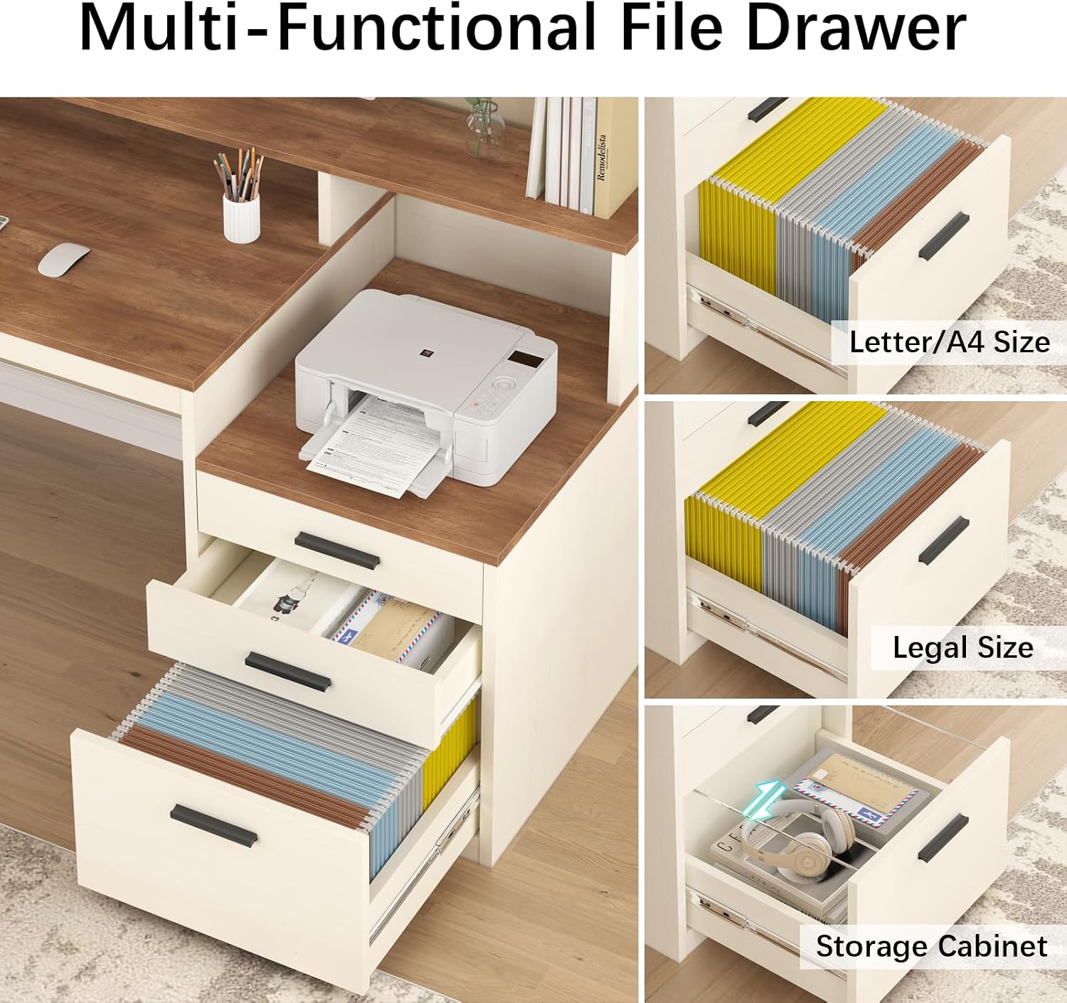 YOMILUVE 65 Inch Computer Desk with 3 Drawers & Storage Shelves, Executive Desk with File Drawer & Cabinet, Home Office Desk with Long Monitor Stand & Printer Shelf, Antique White