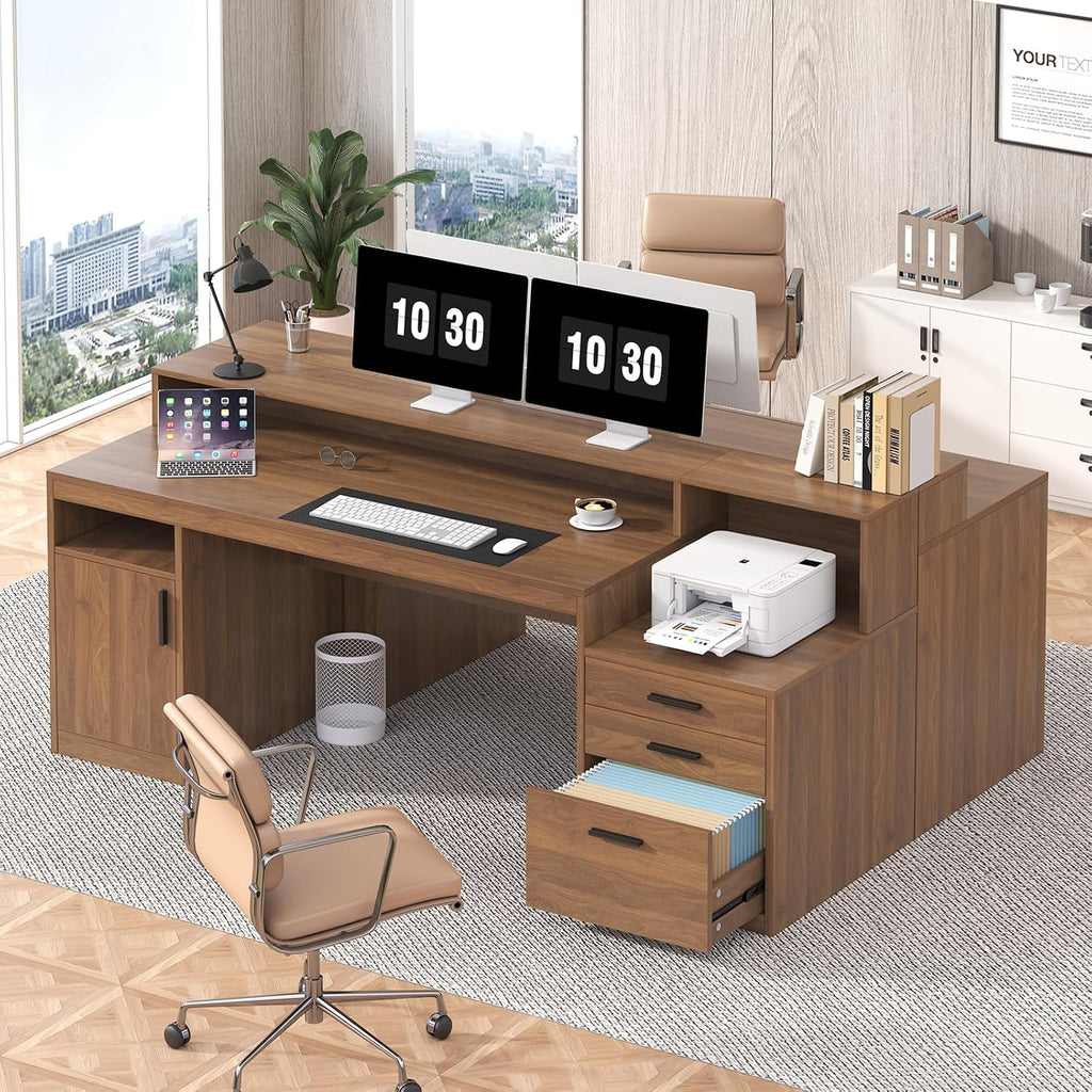 YOMILUVE Computer Desk with 3 Drawers & Storage Shelves, 65 Inch Home Office Desk with File Drawer & Cabinet, Writing Study Desks with Monitor Stand & Printer Shelf, Executive Desk, Brown
