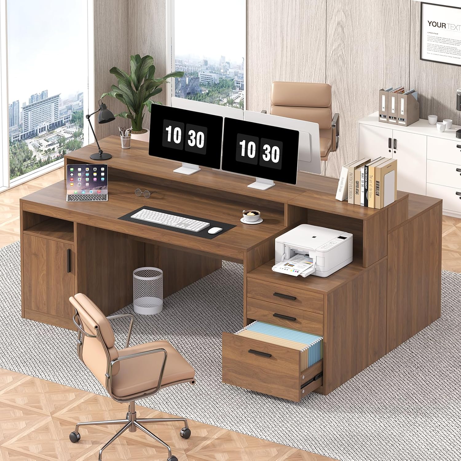 YOMILUVE Computer Desk with 3 Drawers & Storage Shelves, 65 Inch Home Office Desk with File Drawer & Cabinet, Writing Study Desks with Monitor Stand & Printer Shelf, Executive Desk, Brown