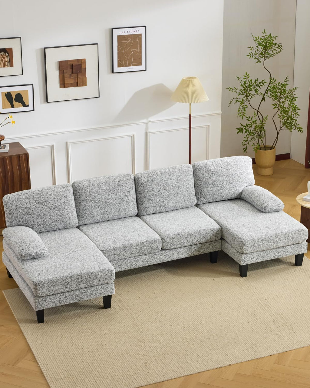 Karl home 110' U-Shape Sectional Couches for Living Room Chenille Upholstery 4 Seat Sofa Set with Double Chaises & Wood Grain Legs for Apartment, White & Grey