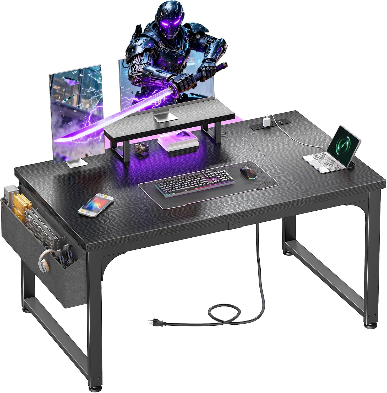 DurayLoly Gaming Desk with Power Outlets & LED Light, Computer Desk with Monitor Stand & 0.95inch Thicker Desktop & Storage Bag, Writing Desk for Home Office, Study, Bedroom, Black