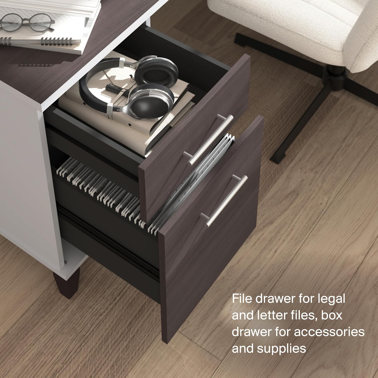 Bush Home 72-Inch L-Shaped Desk with Hutch, Corner Computer Office Desk with File and Box Drawers, Shelves and Storage Cabinet, Home Office Workstation, Somerset Collection, Storm Gray and White