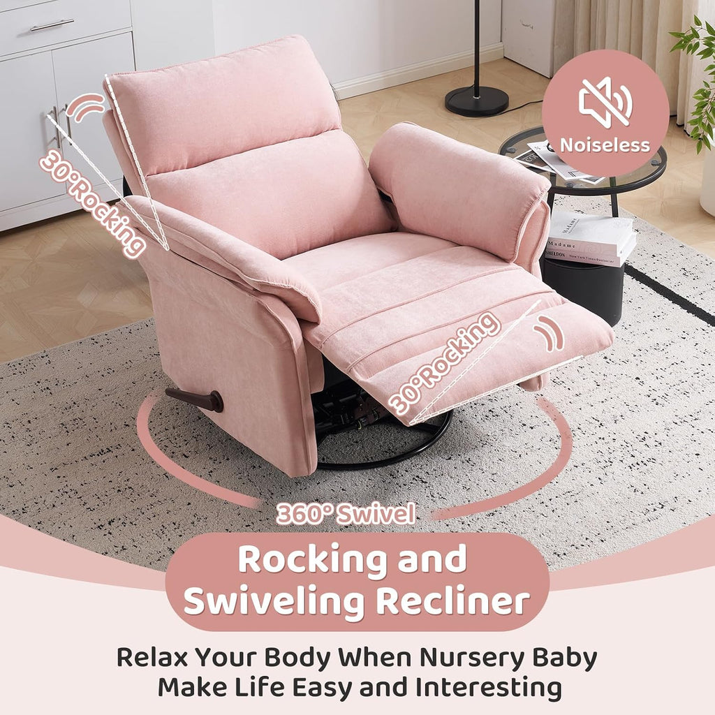 Swivel Rocker Recliner with Adjustable Headrest,Upholstered Glider Rocker Recliner with Overstuffed Armrest,Manual Recliner Nursery Chair for Living Room,Pink