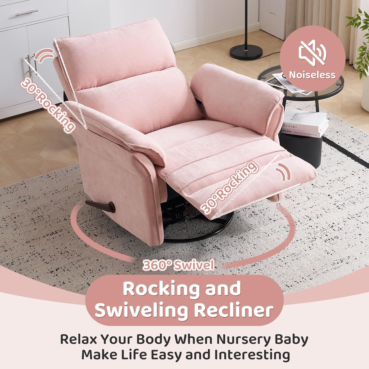Oversized Swivel Rocker Recliner with Adjustable Headrest, Rocking Chair Nursery with Overstuffed Armrest, Manual Rocker Recliner Nursery Chair for Living Room, Pink
