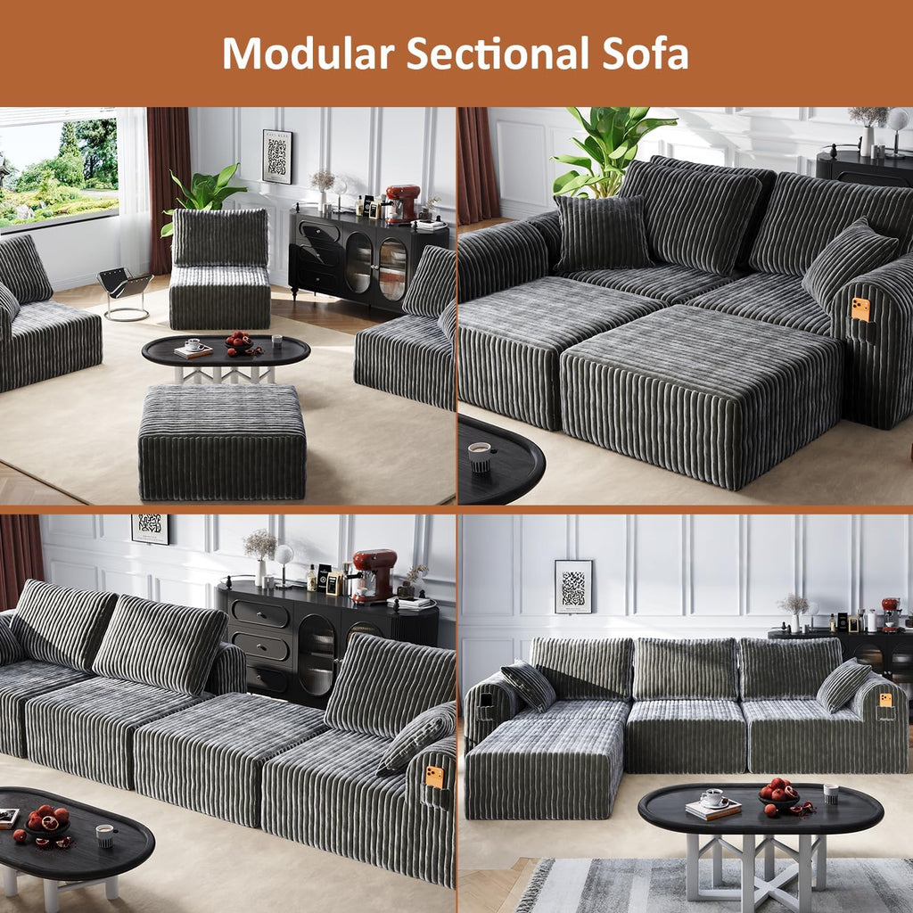 Modular Sectional Sofa, Boneless Couches for Living Room, L-Shape Sofa Couches,Cloud Couch Sectional, Comfy Corduroy Sofa, with Deep Seat, No Assembly Required (Gray, 4 Seater + 2 Ottoman)