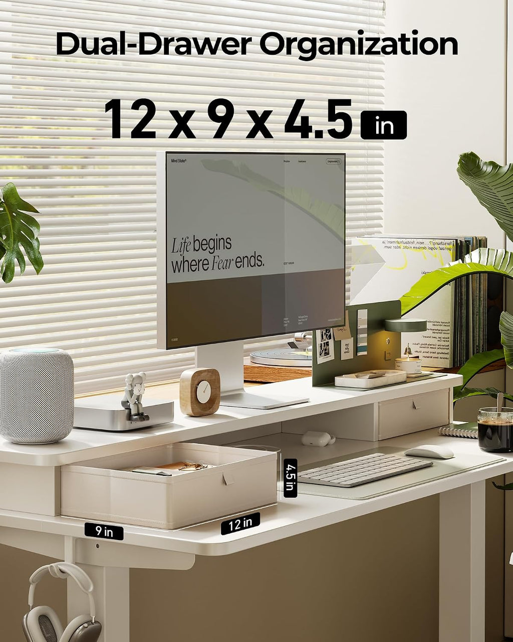 FEZIBO 55 x 24 Inch Height Adjustable Electric Standing Desk with Double Drawer, Stand up Home Office Computer Desk with 4 Height-Adjustable Feets & 2 Hooks, White
