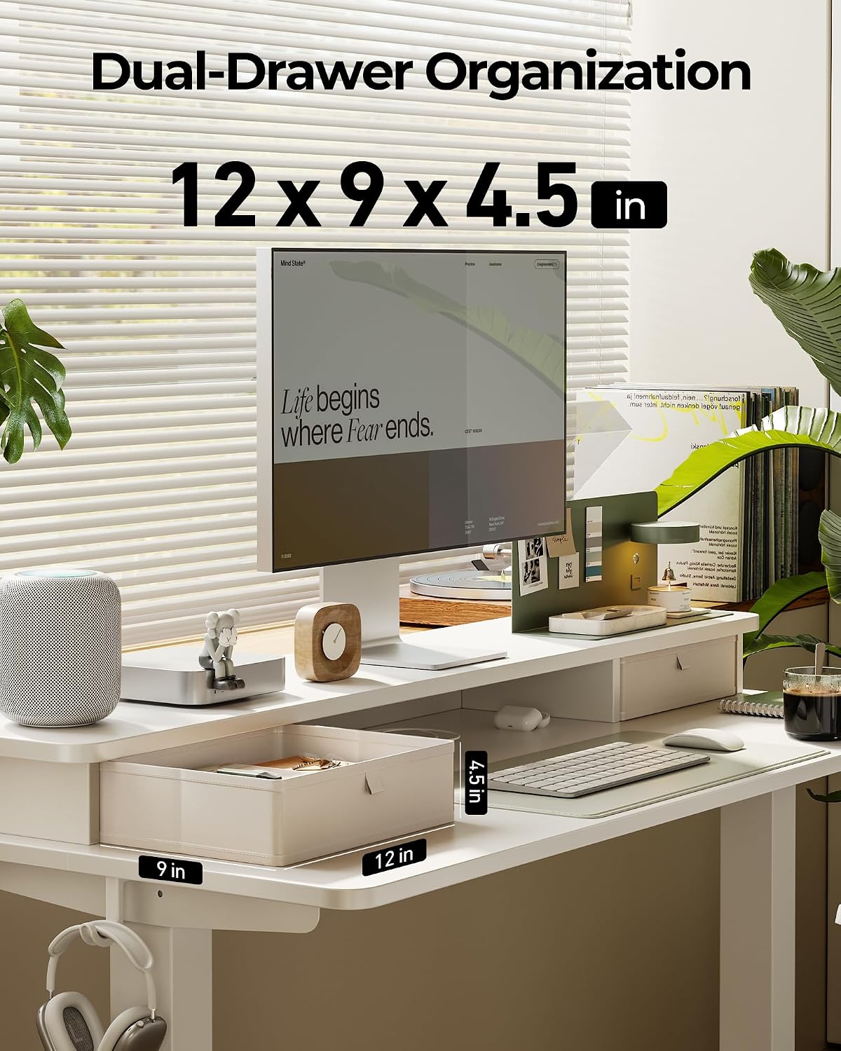 FEZIBO 55 x 24 Inch Height Adjustable Electric Standing Desk with Double Drawer, Stand up Home Office Computer Desk with 4 Height-Adjustable Feets & 2 Hooks, White