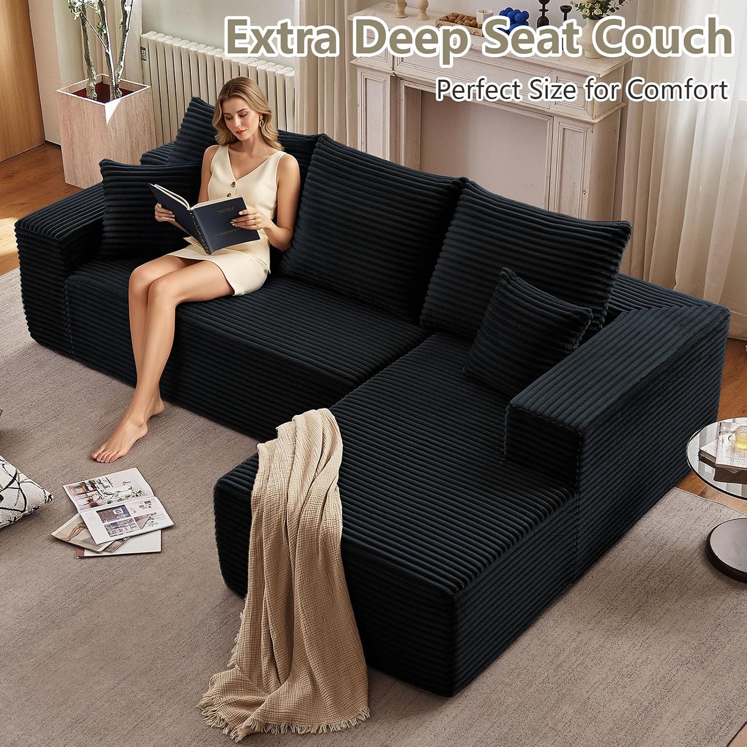 95.8' Cloud Sectional Couch with L-Shape Chaise, Modern Modular Comfy Sofa Chaise Longue, Upholstered Corduroy Couches Sleeper with Deep Seat for Living Room Bedroom, No Assembly Required, Black