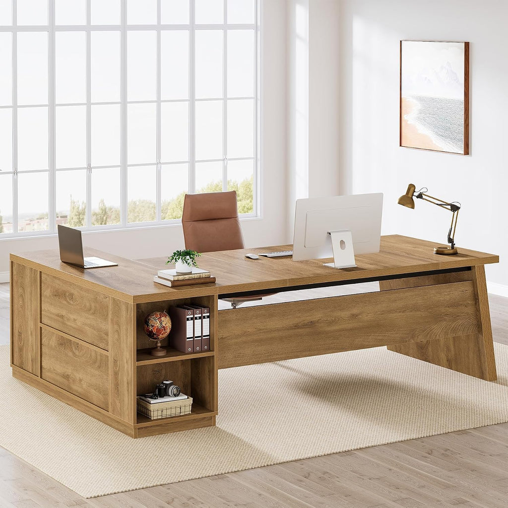 Tribesigns 78' L Shaped Desk with Drawers, Large Executive Office Desk with File Cabinet and Shelves, Modern Corner Computer Table Business Furniture for Home Office, Brown