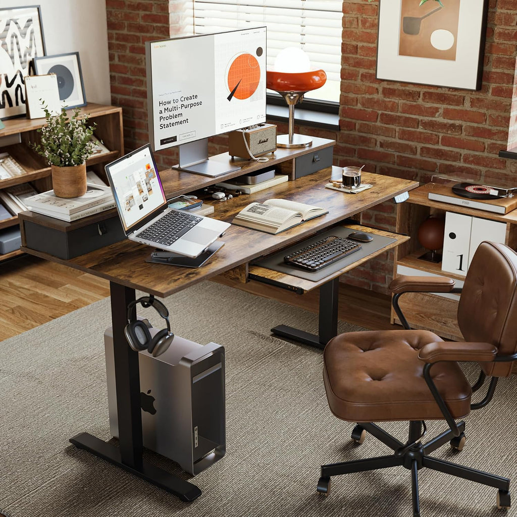 Agilestic Electric Standing Desk with 2 Drawers and Keyboard Tray, 55 x 24 Inches Ergonomic Adjustable Height Desk with Storage, Sit Stand up Computer Workstation, Rustic Brown