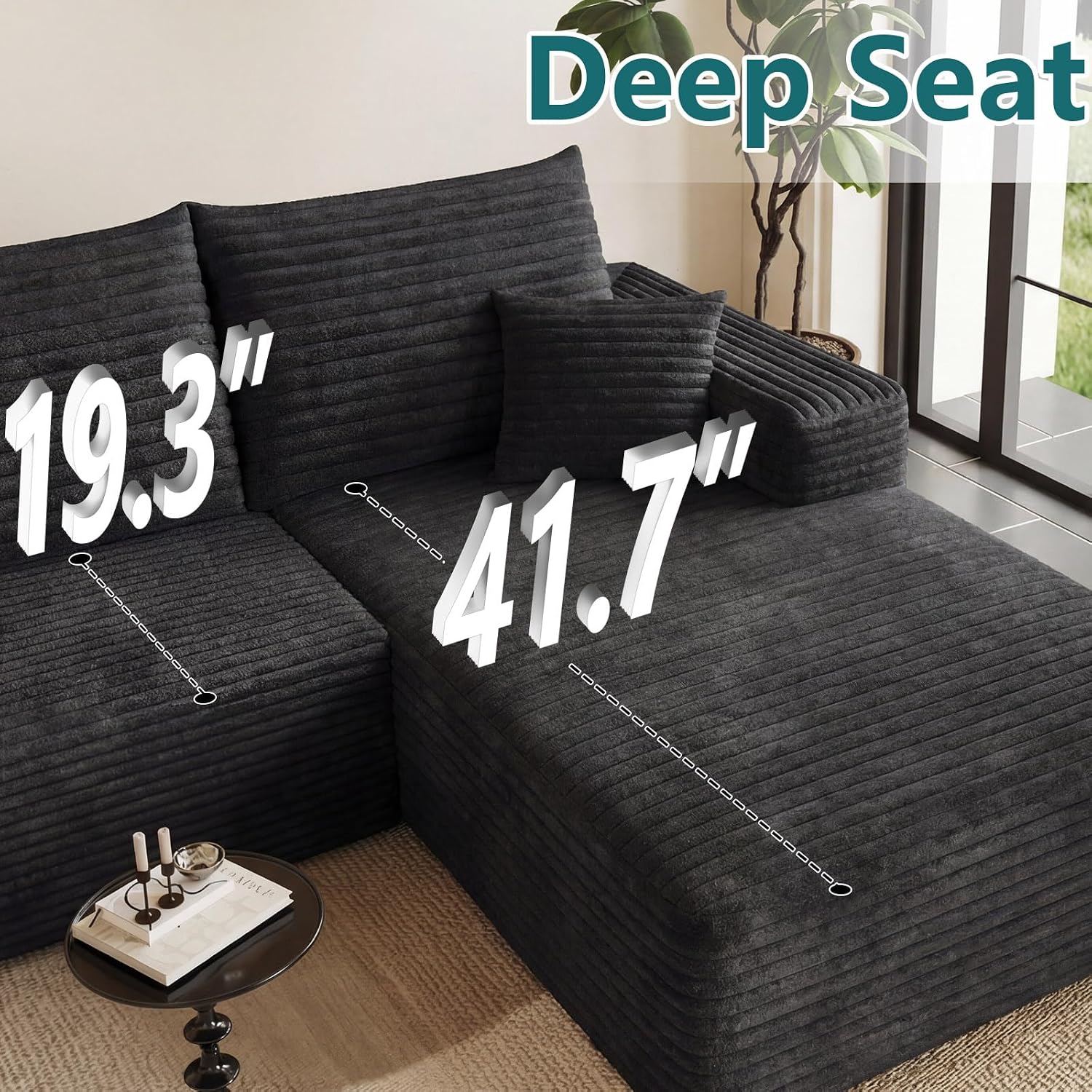 95' Modular Sectional Couch, Boneless L Shaped Cloud Sofa with Chaise Lounge, Corduroy Upholstered Couches Memory Foam Deep Seat, No Assembly Required, Ideal for Living Room(Black, Right Facing)
