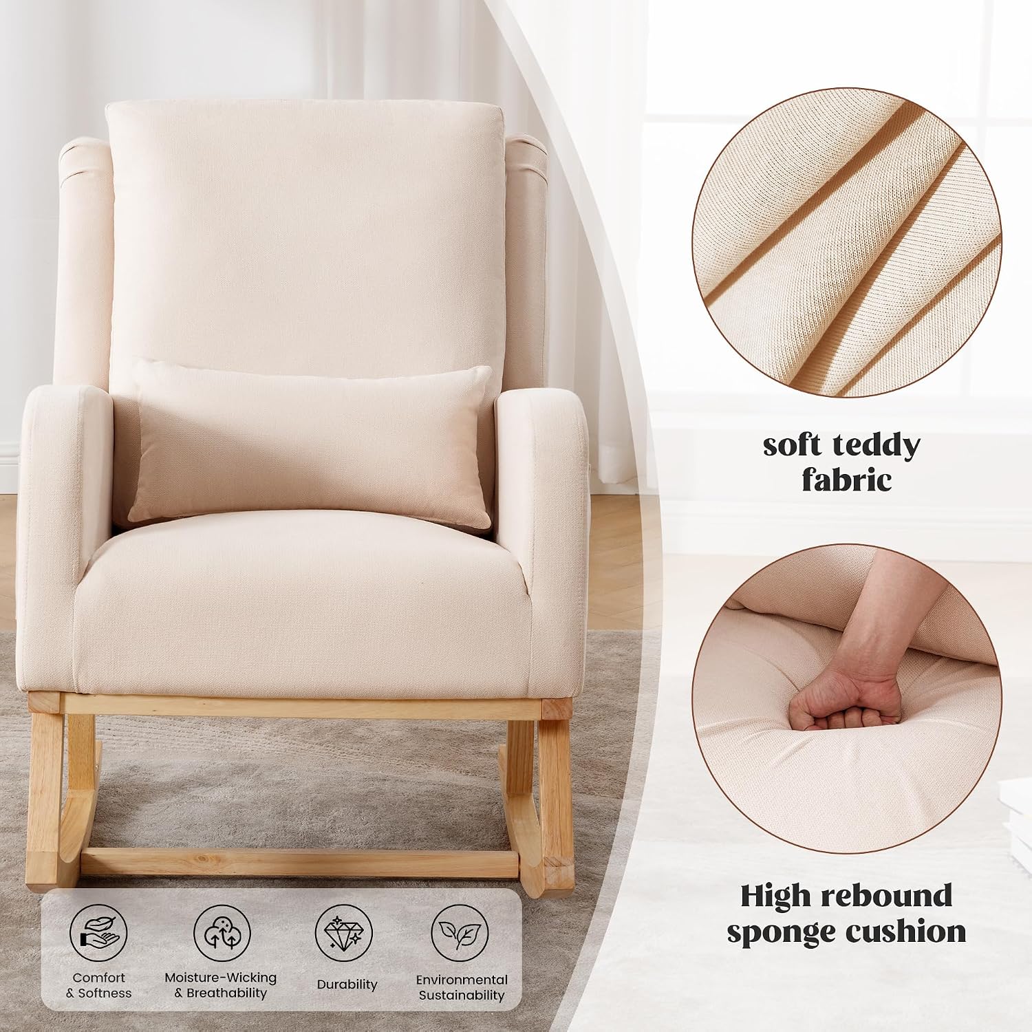 HCHAIRH Rocking Chair Nursery, Nursing Rocking Chairs with Lumbar Pillow, Comfy Modern Nursery Glider Rocker Morden Accent Rocking Chair for Mom Nursery, Living Room, Bedroom, Beige