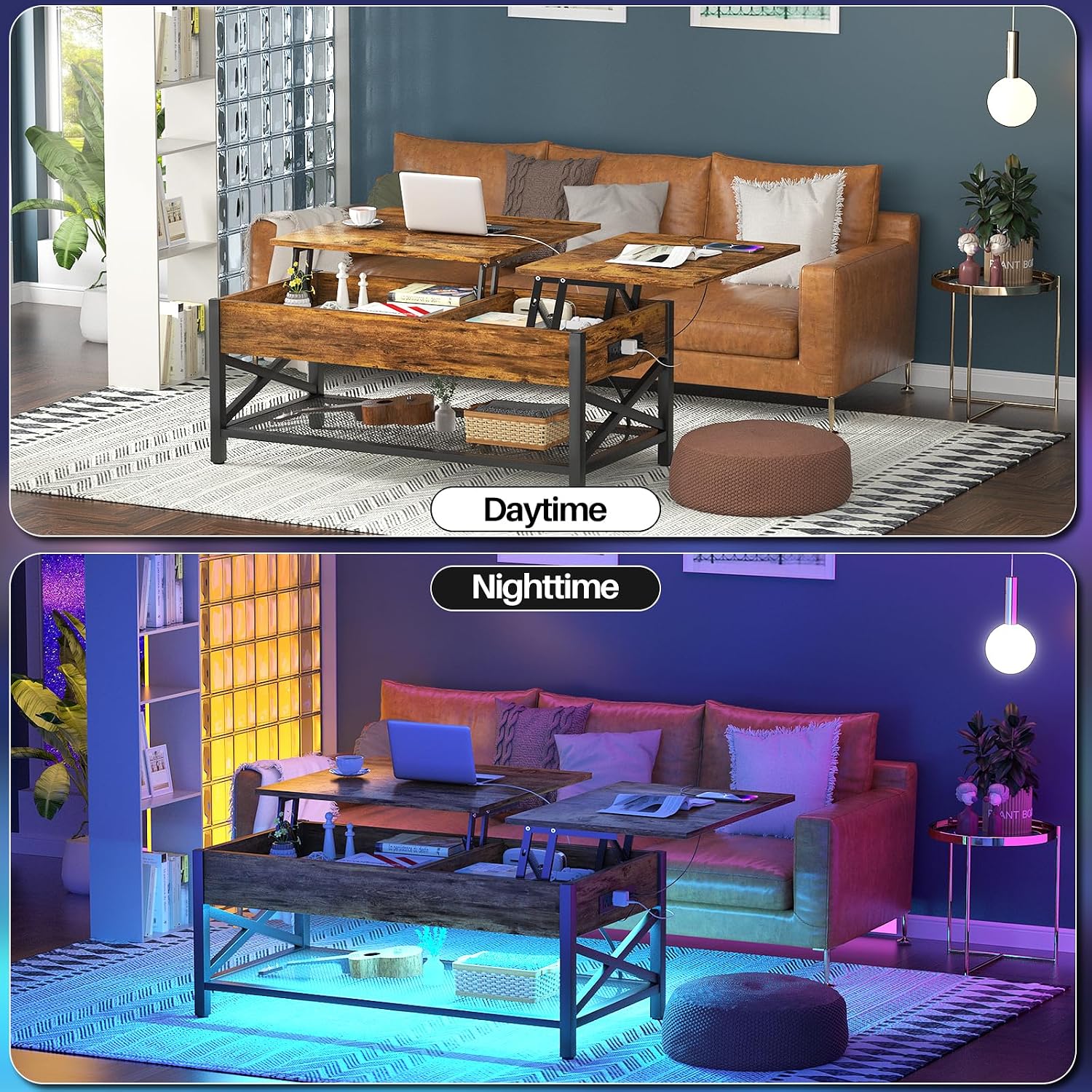 Aheaplus Coffee Table with LED Light and Power Outlet, Modern Lift-Top Center Table with Storage Shelf, for Living Room with Lift Tabletop, X Support Metal Frame, Rustic Brown