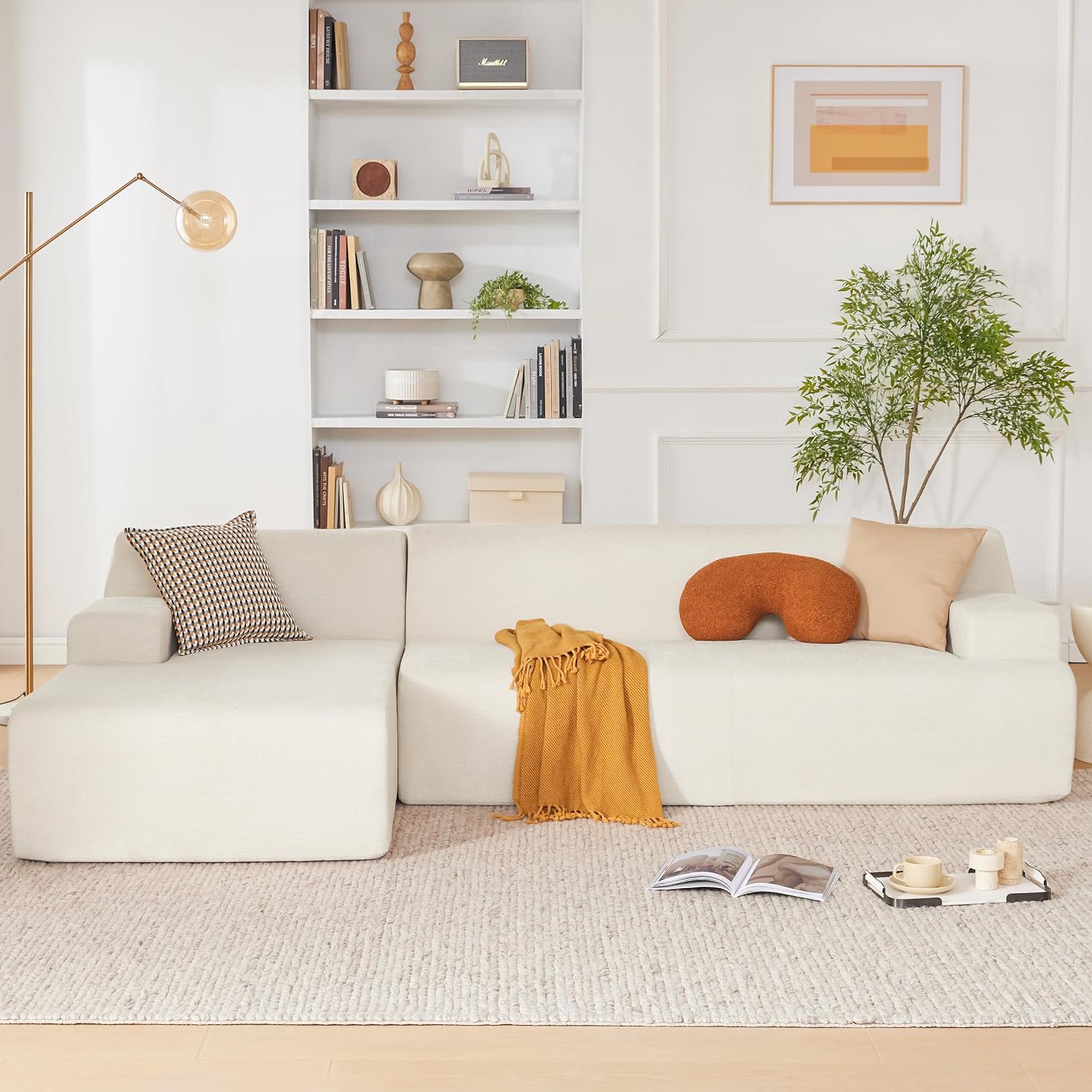 Weture 107' Modular Sectional Cloud Couch, Boneless couches Sponge sectionals for Living Room, High Density Sponges Sofa, Modular L-Shape with Chaise, Beige
