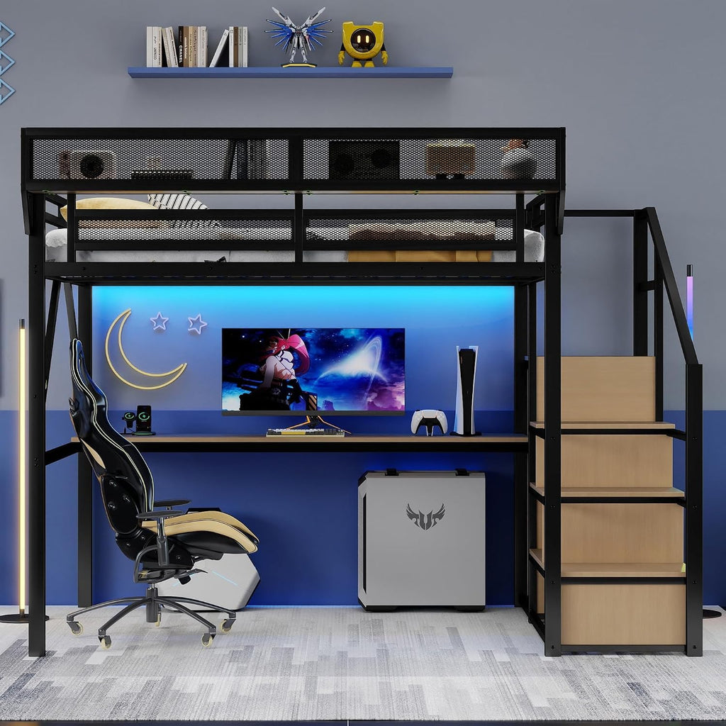 Full Size Loft Bed with Stairs & Desk, Metal High Gaming Loft Bed Full Frame with Storage Shelves, RGB Light & Charging Station, Heavy-Duty Beds with Closet for Adults,Teens, Kids, Black