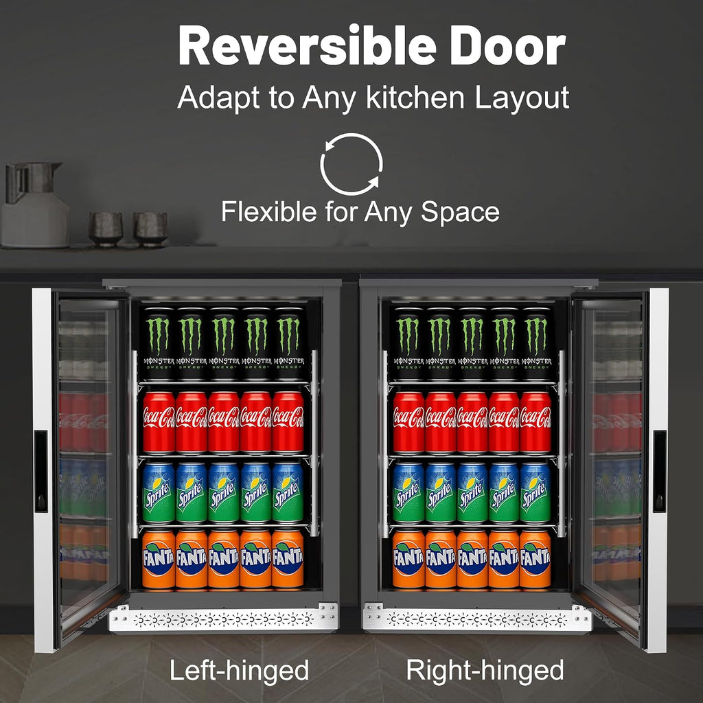 20 Inch Under Counter Beverage Fridge with Glass Door, Beverage Refrigerator Cooler 120 Can,Built in or Freestanding,Fast Cooling,Quiet ≤39 dBs,Blue LED Light Cooler for Bar, Home, Office