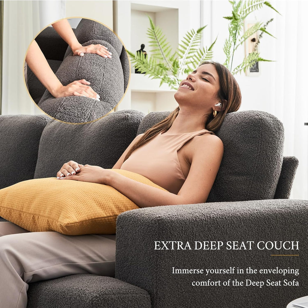 VanAcc 89 inch Sofa, 3 Seater Sofa with Extra Deep Seats, Modern Couch- Comfy Couch for Living Room Apartment Lounge, Grey Bouclé