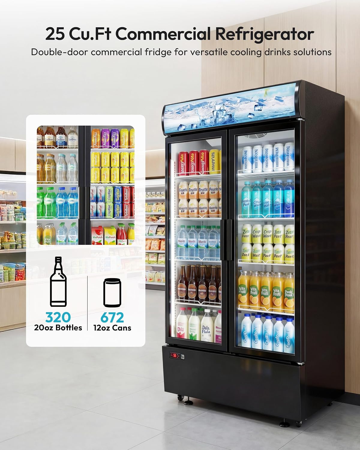 25 cu.ft Commercial Refrigerators, Beverage Cooler with LED Light, Drink Merchandiser with 8 Adjustable Shelves, 2 Glass Doors, Digital Control, ETL Certified, 32-50°FF