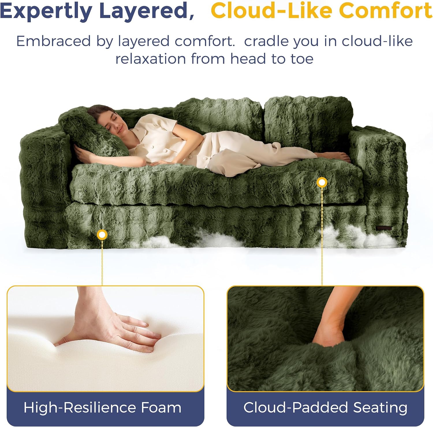 MAXYOYO 3-Seater Boneless Sofa Couch, Modern Bubbled Sofa for Living Room, Soft Bean Bag Chair High-Density Foam Couch with Pillows, No Assembly Required