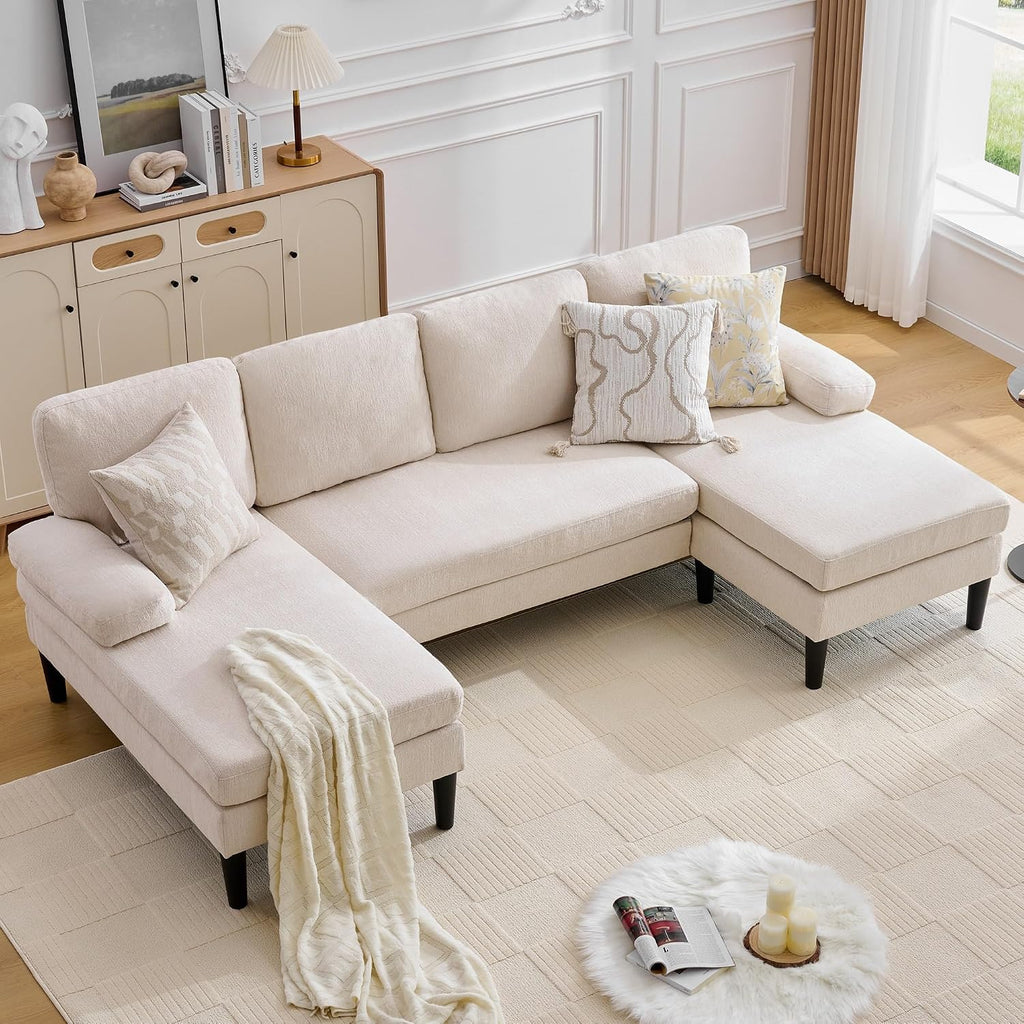 Korser U Shaped Sectional Couches for Living Room, 101' Modern Chenille Fabric Sofa with Double Chaise Lounge, 4-Seat Couch with Removable Pillows for Apartment/Small Space, Beige