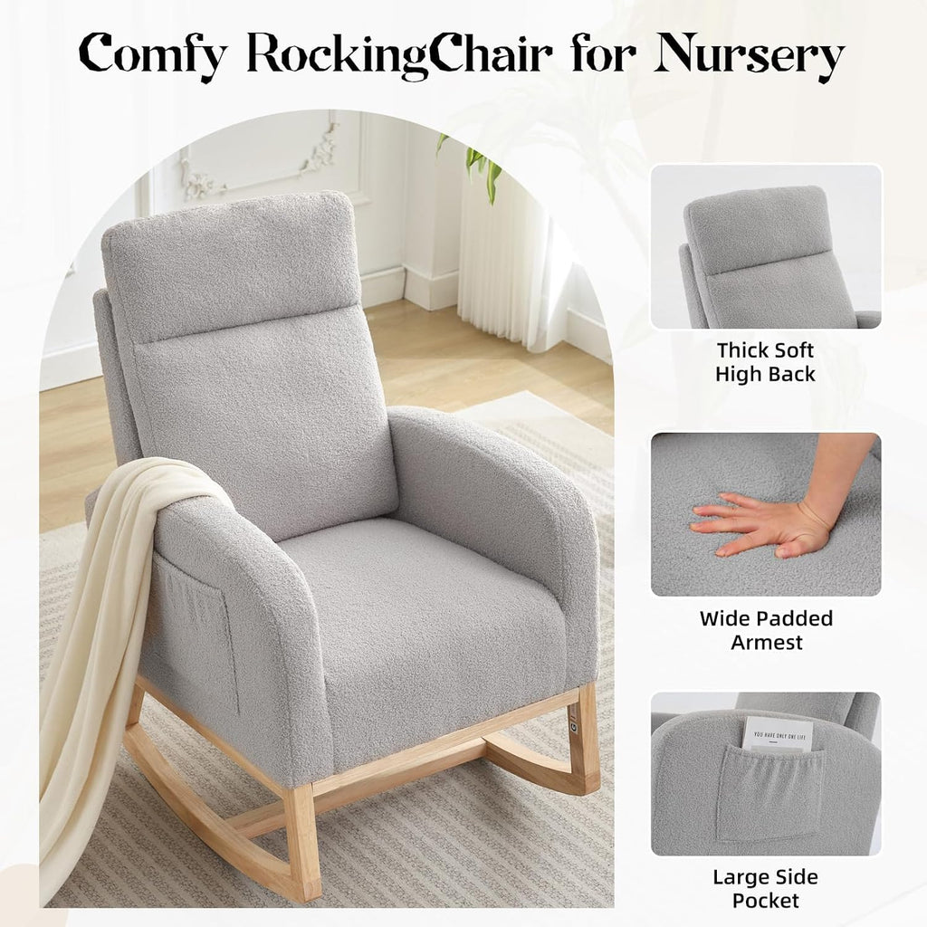Nursery Glider Rocking Chair with 2 Side Pockets - Solid Wood Legs, Cozy Armchair for Baby Room, Living Room, Bedroom, Comfortable Nursery Essential(Light Gray)