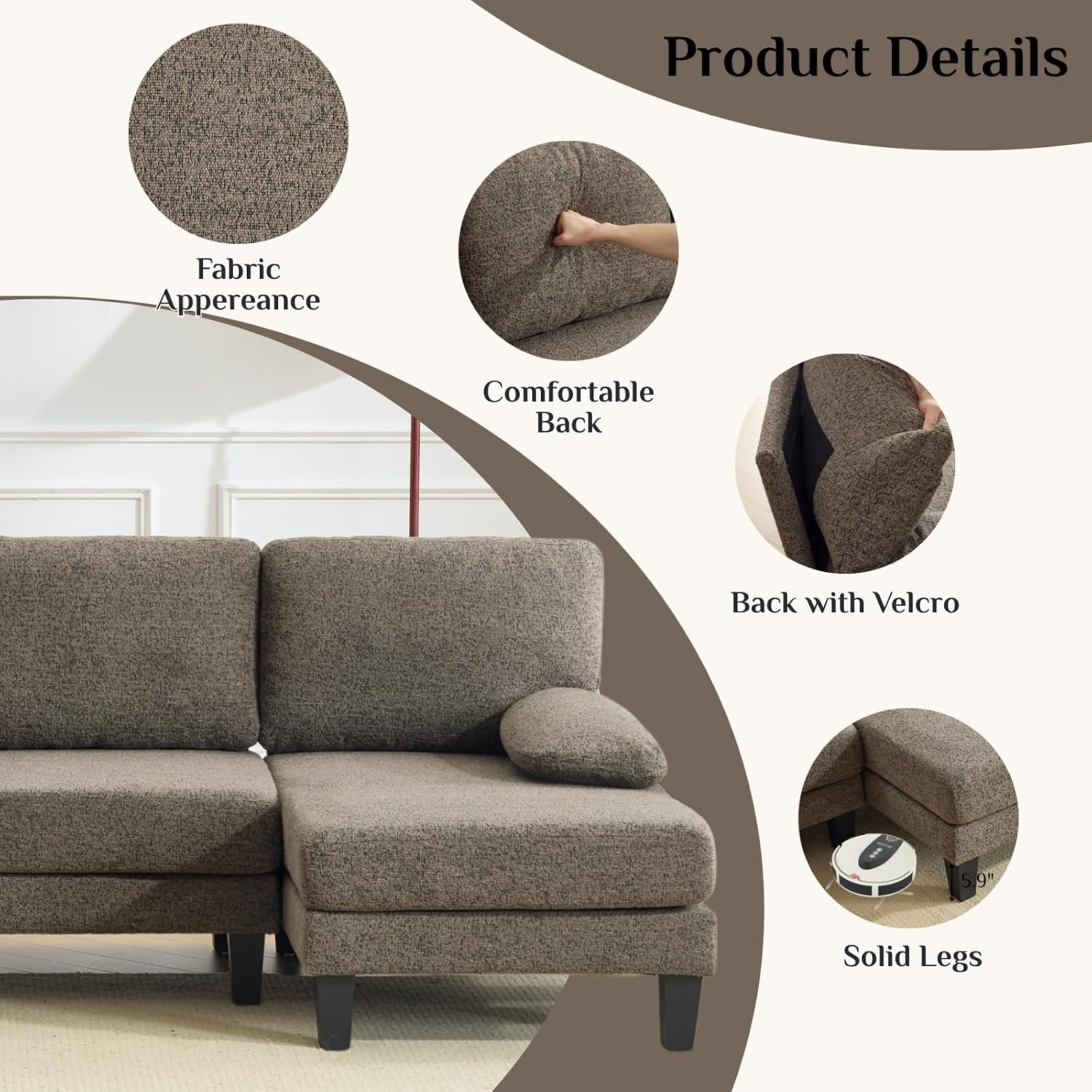 Karl home 110' U-Shape Sectional Couches for Living Room Chenille Upholstery 4 Seat Sofa Set with Double Chaises & Wood Grain Legs for Apartment, Brown