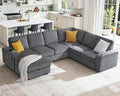 AMERLIFE 112 Inch U Shaped Couch, Oversized Couch with Storage Chaise & Cup Holders, Sectional Sofa with USB & Type-C Charging Ports, Corduroy Grey
