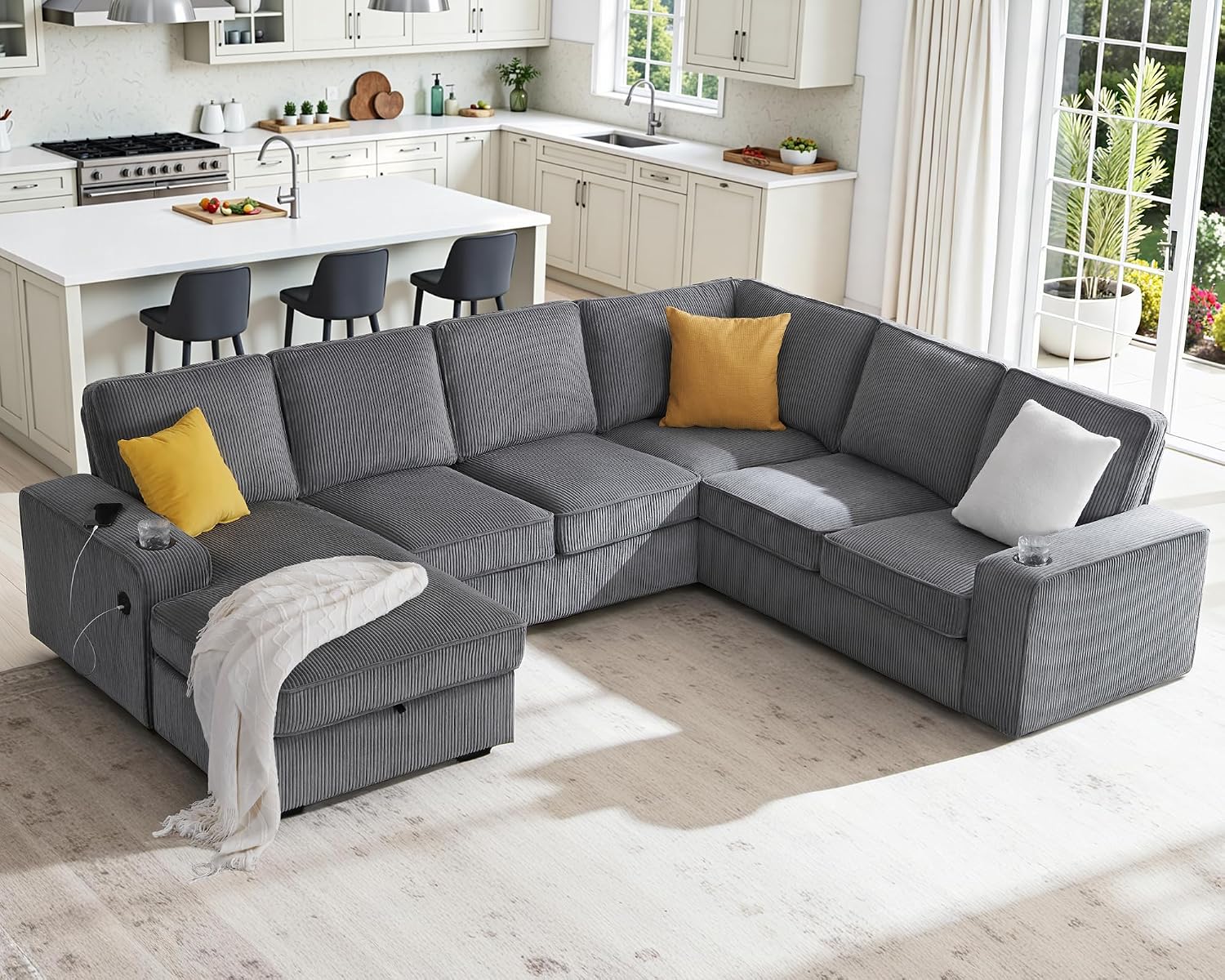AMERLIFE 112 Inch U Shaped Couch, Oversized Couch with Storage Chaise & Cup Holders, Sectional Sofa with USB & Type-C Charging Ports, Corduroy Grey