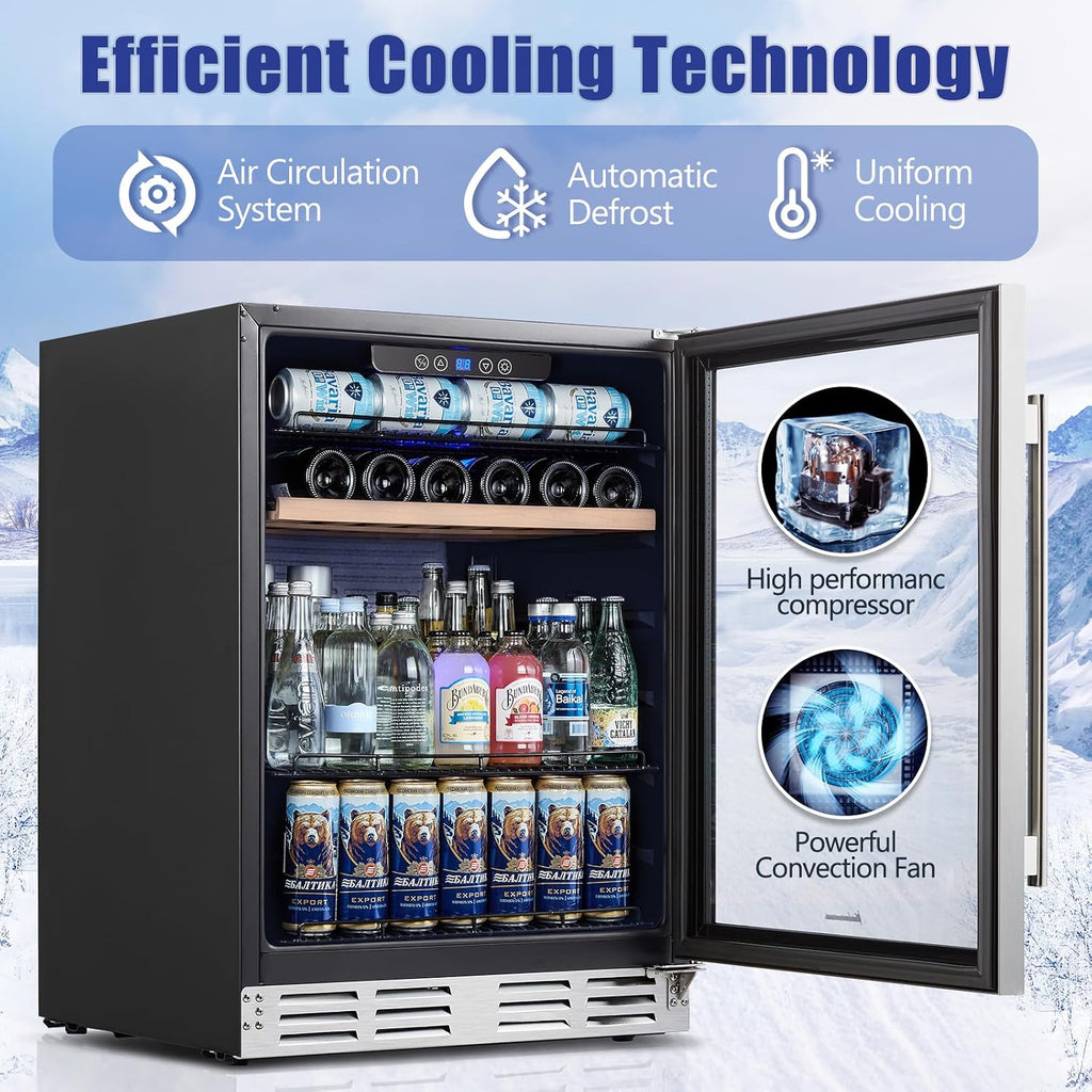 Kalamera Mini Fridge 24 Inch Undercounter Beverage and Wine Cooler Refrigerator Built-in or Freestanding - 118 Cans & 15 Bottles Capacity with LED Light Glass Door