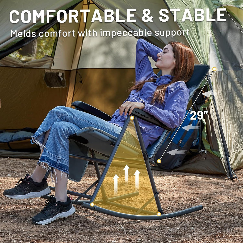 Timber Ridge 3-Level Adjustable Rocking Camping Chair, Ergonomic Padded High Back, Supports 300 LBS, Stable Anti-Tip Rocker, Hard Armrests for Easy Standing, Portable for Patio, Lawn & Tailgating