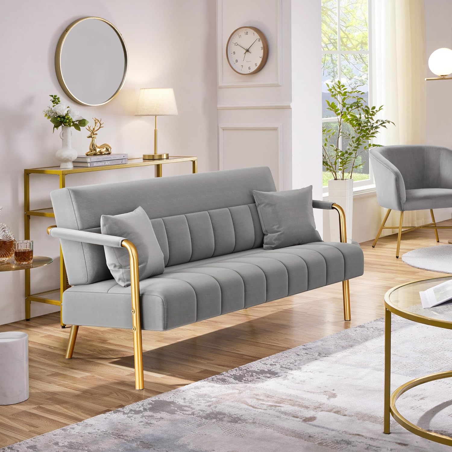 Yaheetech 56.5' W Modern Sofa Small Sofa Luxurious Velvet Fabric Couch with Gold-Tone Metal Arms and Legs for Living Room, Home Office, Studio Light Gray