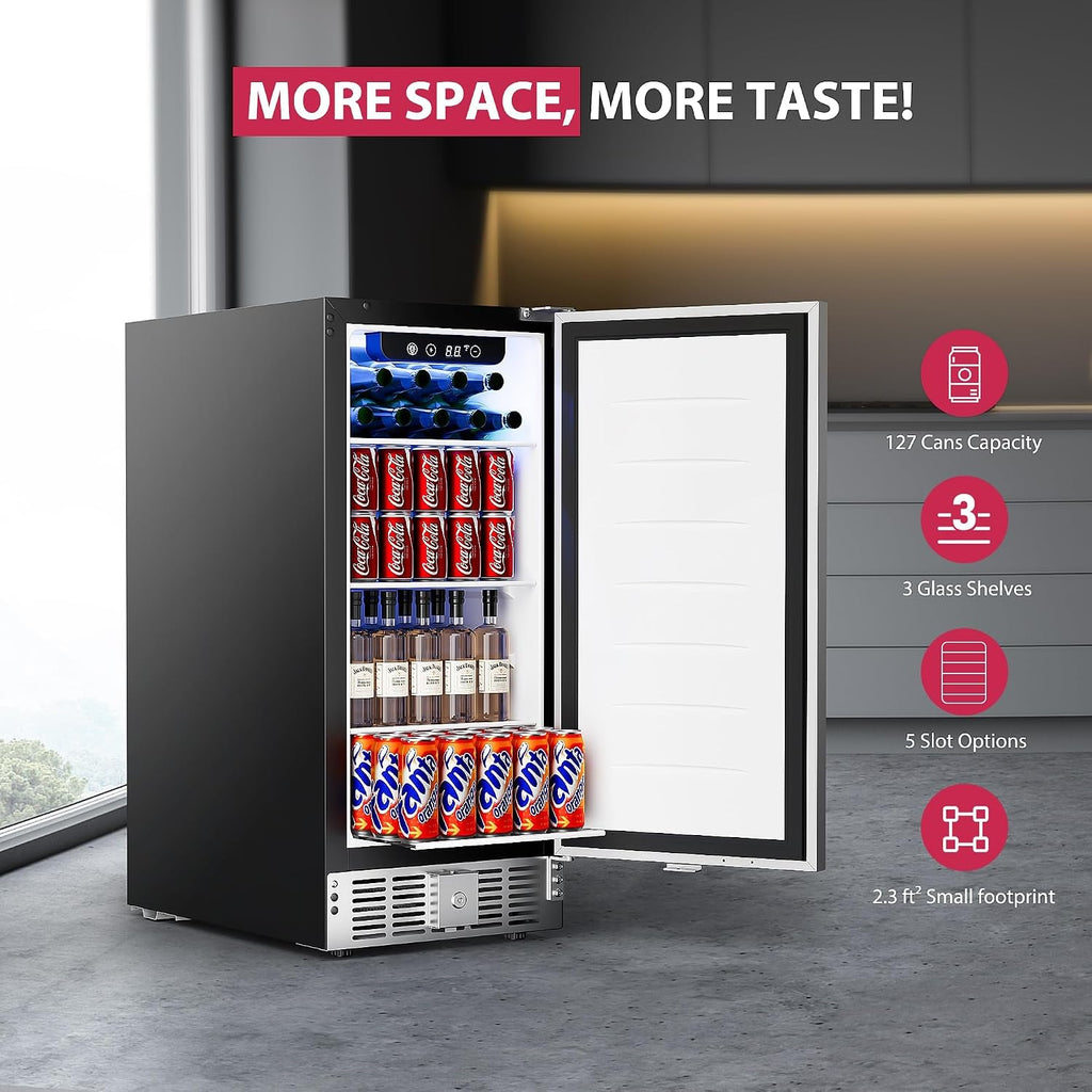 Icyglee 15 Inch Beverage Cooler Under Counter Built-in Beverage Refrigerator,127 Cans Mini Fridge with Glass Removable Shelves for Drink Beer Soda Wine Water