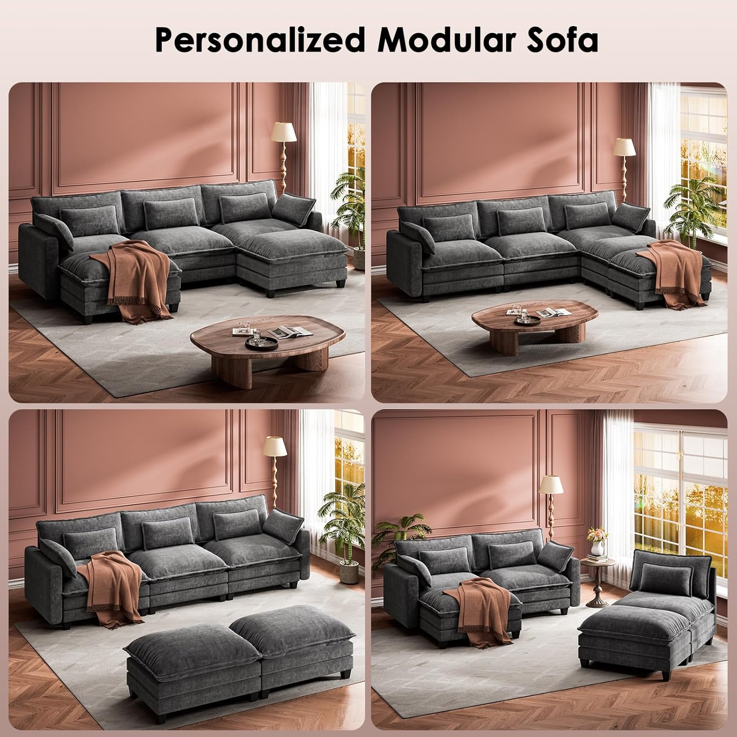 Marsail Modular Sectional Sofa 110.6' U-Shaped Modern Comfy Cloud Couch, 5-Seat Chenille Deep Seat Sofa with Throw Pillow & Movable Ottoman for Living Room, Bedroom and Apartment, Grey