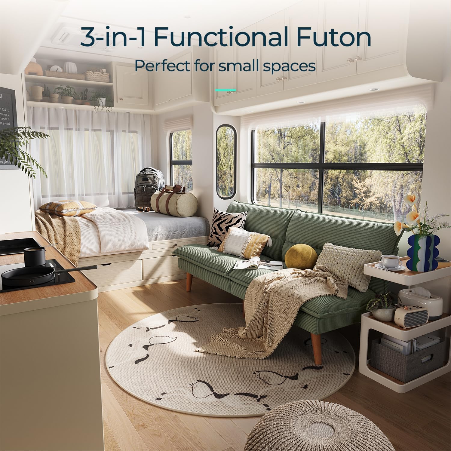 LINSY HOME Futon Sofa Bed - Convertible Corduroy Futon Couch Bed with Adjustable Backrest, Modern Small Loveseat Sleeper Sofa for Small Spaces, Living Room, Apartment or Office (Green)