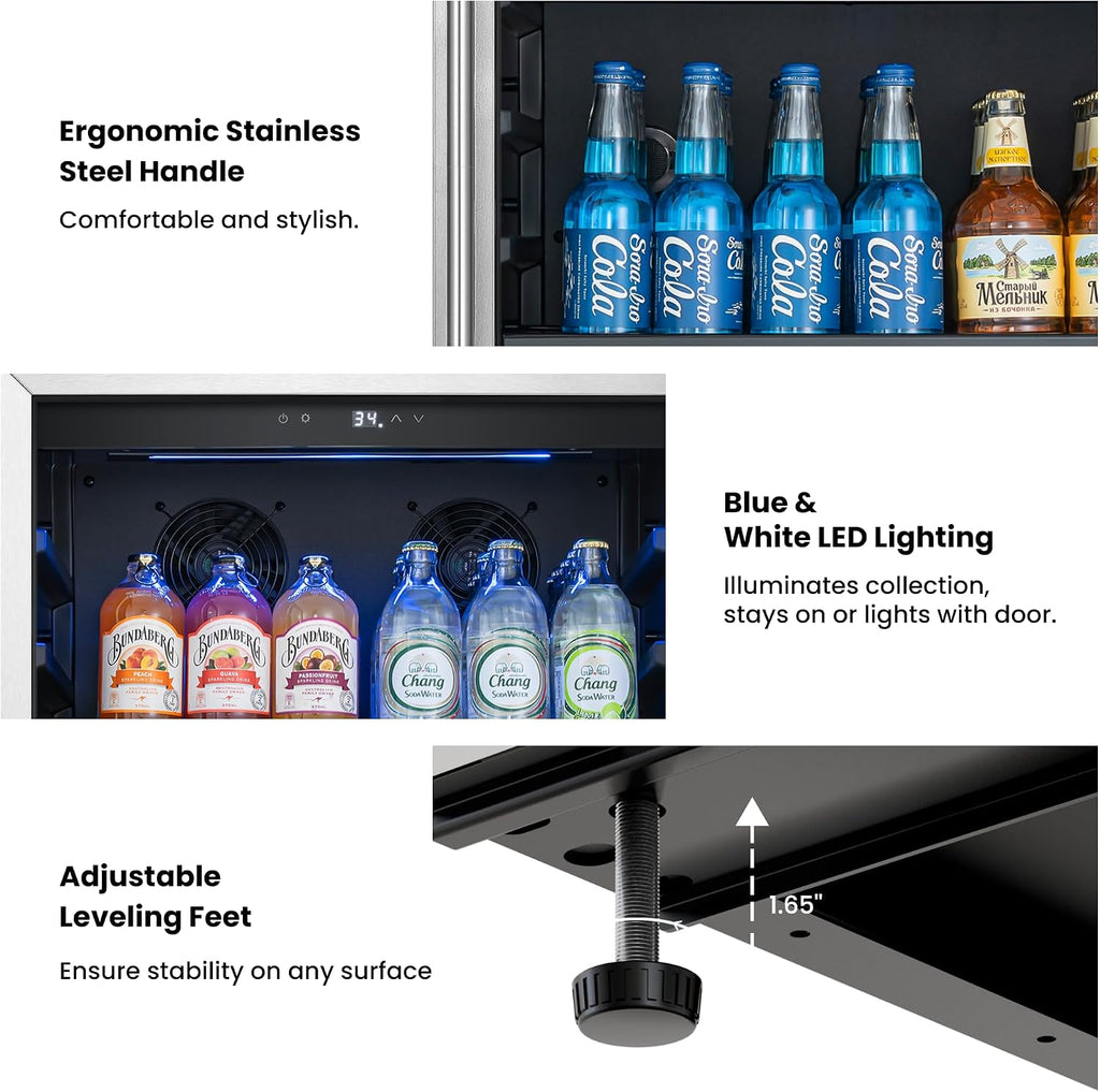 Beverage Refrigerator 24 inch - 238 Cans Capacity Beverage Cooler, Upgraded Beverage Refrigerator Freestanding or Built-In, Drink Cooler for Soda, Water, Beer or Wine - For Kitchen, Bar or Office