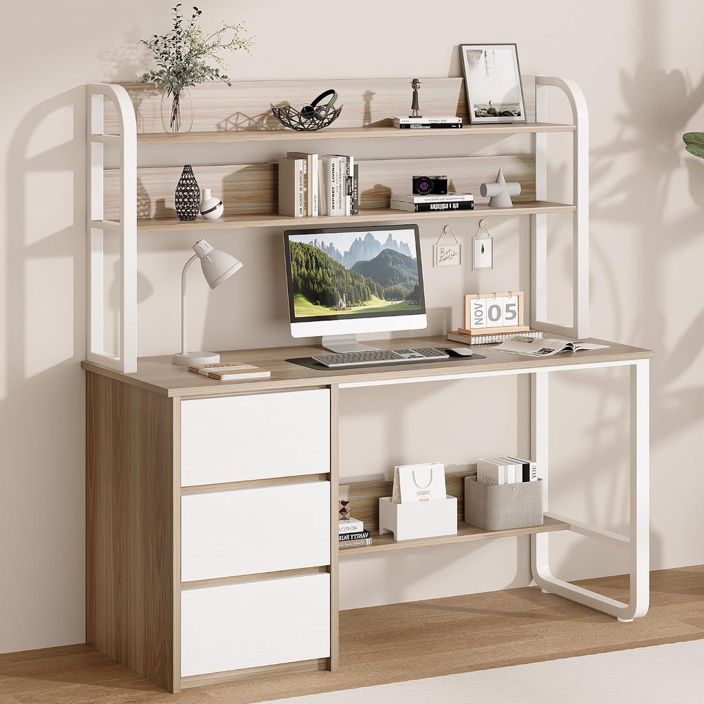 MaverickFurni Computer Desk with 3 Drawers and Shelves, 55 Inch Desk with Hutch for Small Spaces, Study Writing Desk with Shelves for Bedrrom, Adjustable Feet, Light Walnut