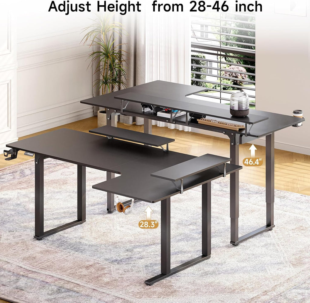 L Shaped Standing Desk, 63x43'' Electric L Stand Up Desk with 2 Adjustable Monitor Shelves, Dual Motor and Memory Controller, Adjustable Height from 28-46'' for Home and Computer Workstation, Black