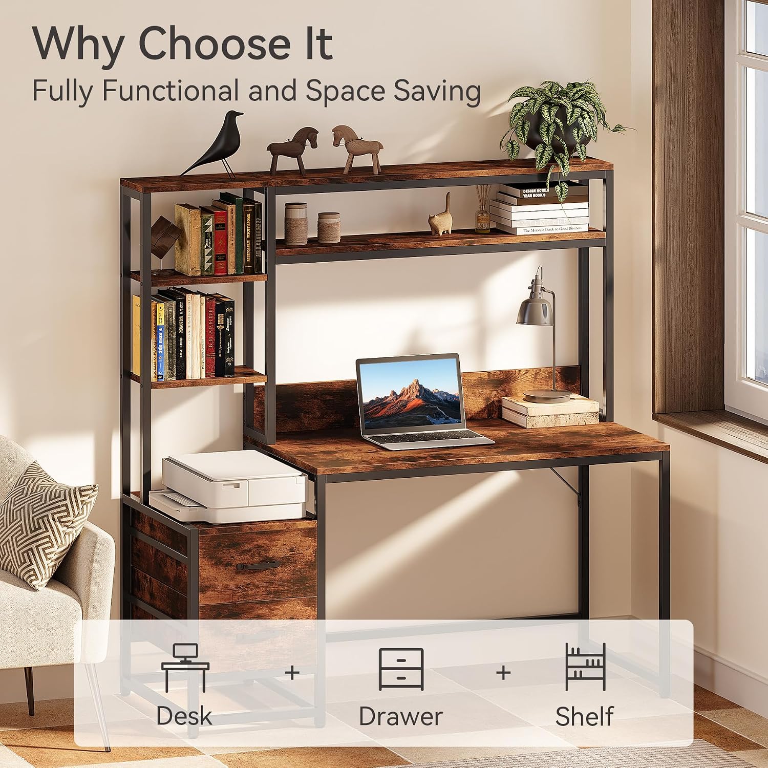 LITTLE TREE Computer Desk with Drawers and Hutch, 55' Gaming Desk with Storage Shelves, Modern Wooden Study Writing Desk for Bedroom Home Office, Brown