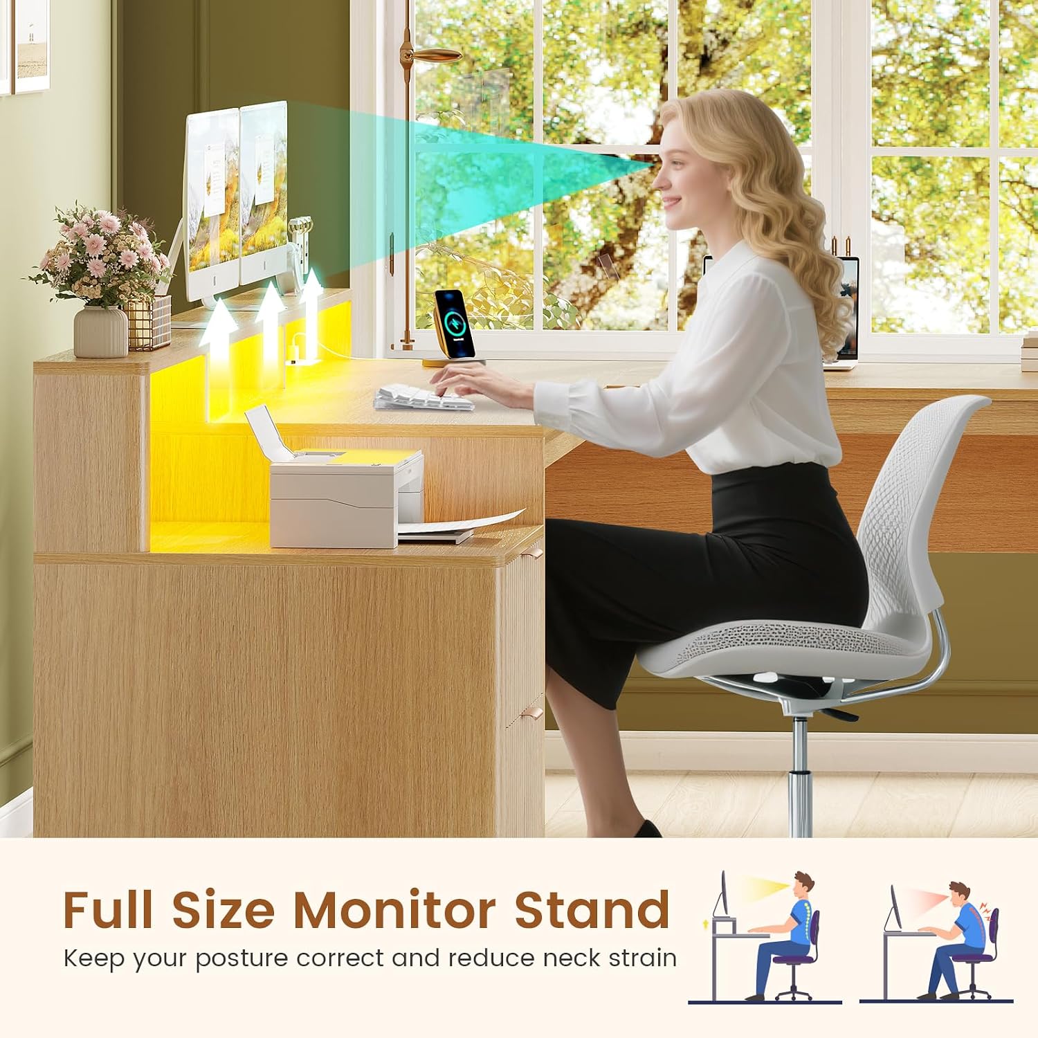 SEDETA 66' Modern L Shaped Desk with Drawers, Fluted Home Office Desk with File Cabinet and Printer Shelf, Wood Executive Desk with Monitor Stand, Power Outlets, Led Lights, Oak
