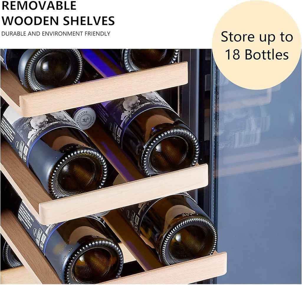 Kalamera Mini Fridge 18 Bottle - 12 inch Wine Cooler Refrigerator, Built-in or Freestanding, with Stainless Steel & Double-Layer Tempered Glass Door, and Temperature Memory Function Wine Fridge