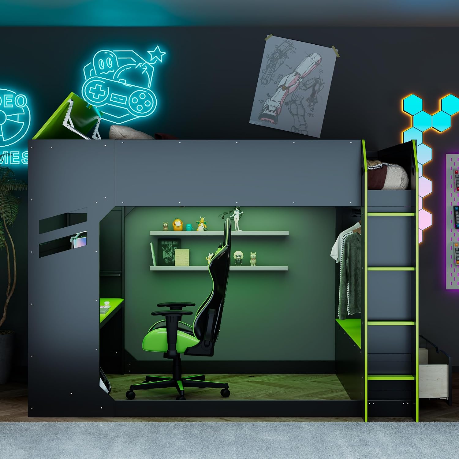 Merax Wood Loft Bed with Height-Adjustable Desk,Drawers,Storage Compartments,Hanging Rod and RGB Lights, Full Size, Green