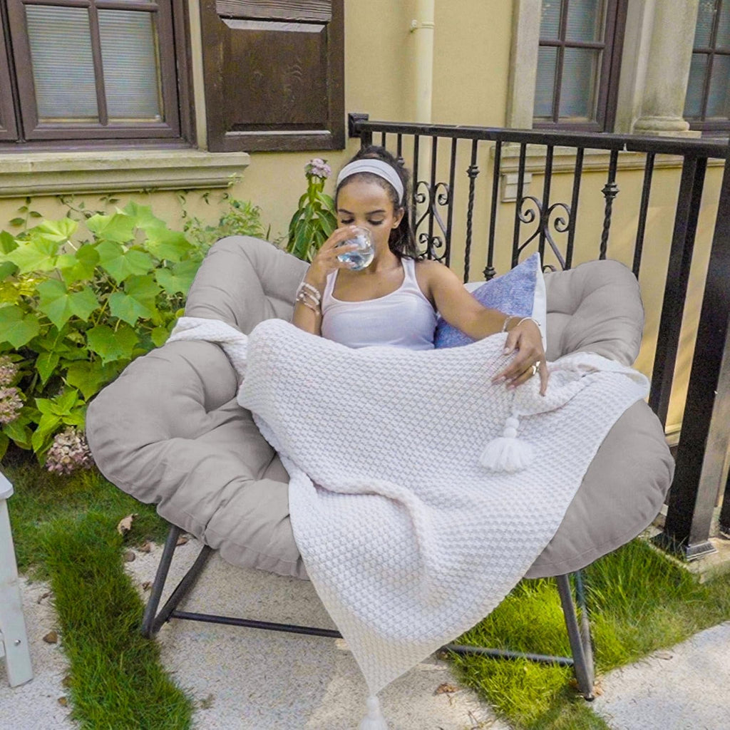 Rocking Papasan Chair, Oversized Outdoor Rocking Chair Rattan Rocking Chair with Deep Seat Thick Cushion, Patio Rocking Chair for Indoor/Porch/Garden (Light Grey & Black), Spring, 2026