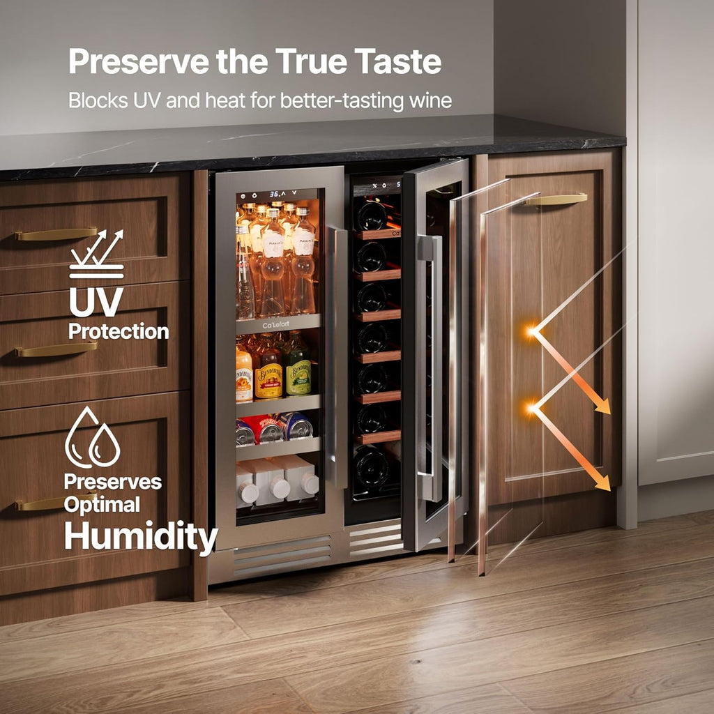 Ca'Lefort 24 Inch Wine and Beverage Refrigerator, Dual Zone Wine Cooler with Glass Door, Holds 60 Cans 20 Bottles, 3 Color LED Built-in or Under Counter Wine Fridge for Kitchen Home Bar